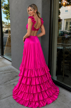 Fuchsia Cutout Ruffle A-Line Long Prom Dress with Slit - KissProm 
