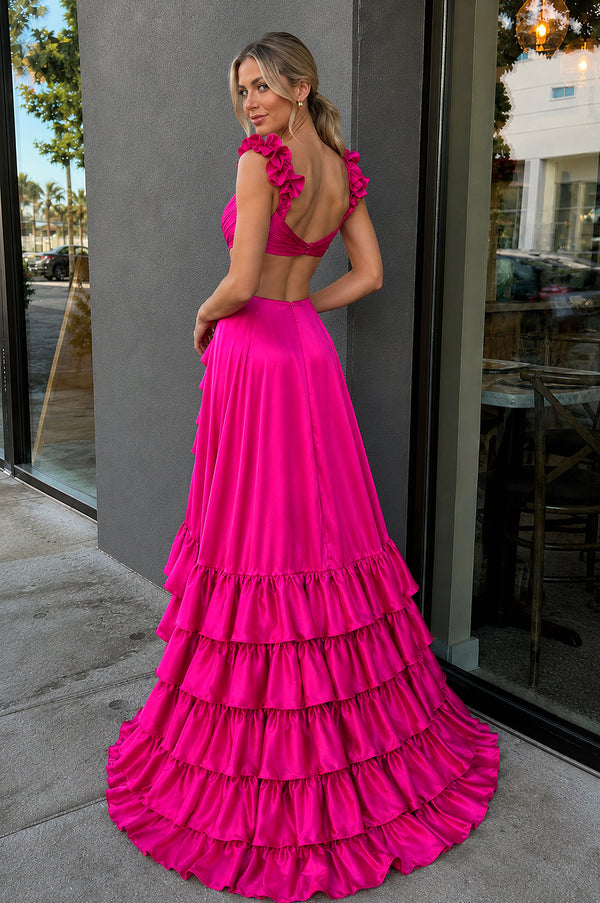 Fuchsia Cutout Ruffle A-Line Long Prom Dress with Slit - KissProm 