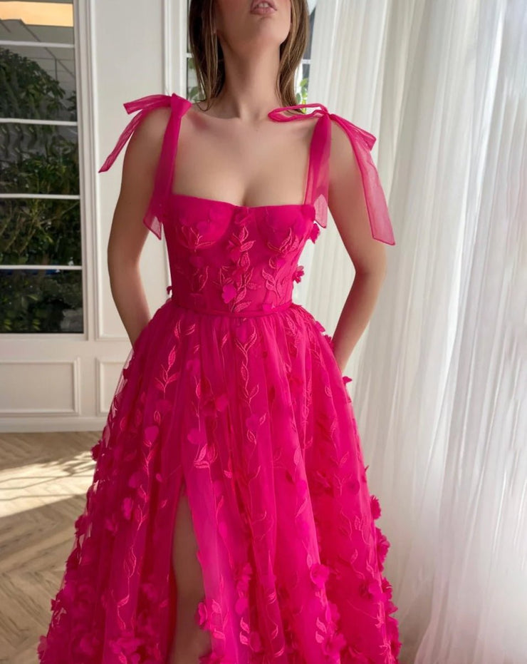 Fuchsia Elegant A-line 3D Flower Lace Prom Dress With Slit main image 0