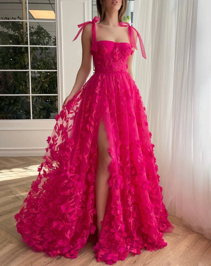 Fuchsia Elegant A-line 3D Flower Lace Prom Dress With Slit