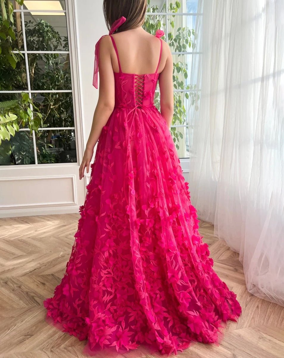 Fuchsia - Elegant A-line 3D Flower Tulle Prom Dress With Slit, Fuchsia / Custom Size Fuchsia - Elegant A-line 3D Flower Tulle Prom Dress With Slit, Fuchsia / Custom Size