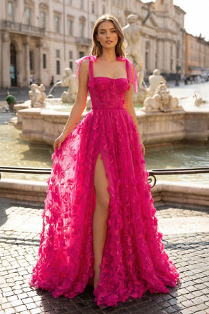 KissProm-Fuchsia  Elegant A-line 3D Flower Tulle Prom Dress With Slit