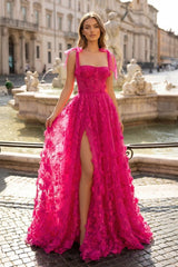 Fuchsia - Elegant A - line 3D Flower Tulle Prom Dress With Slit - KissProm
