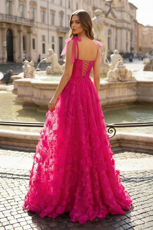 KissProm-Fuchsia  Elegant A-line 3D Flower Tulle Prom Dress With Slit