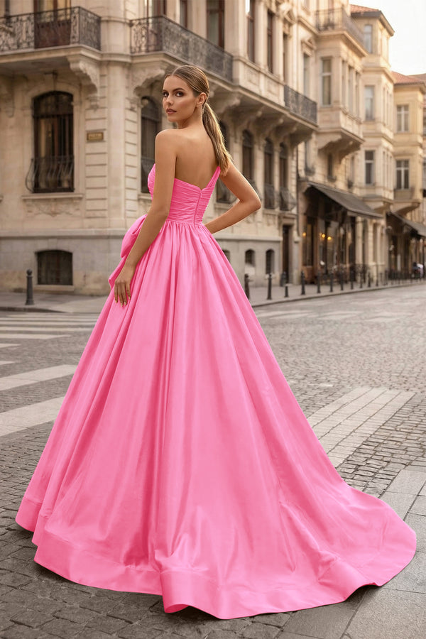 KissProm-Fuchsia One Shoulder Satin A Line Prom Dress With Bow