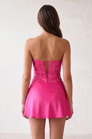 Fuchsia Embroidered A-Line Strapless Satin Homecoming Dress (2) | KISSPROM