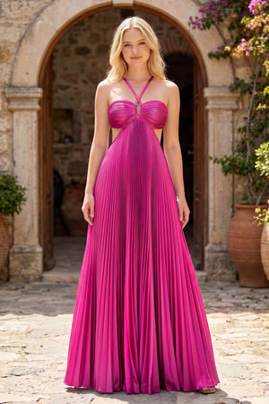 Fuchsia Halter Pleated Satin A Line Prom Dresses With Cutout | KISSPROM