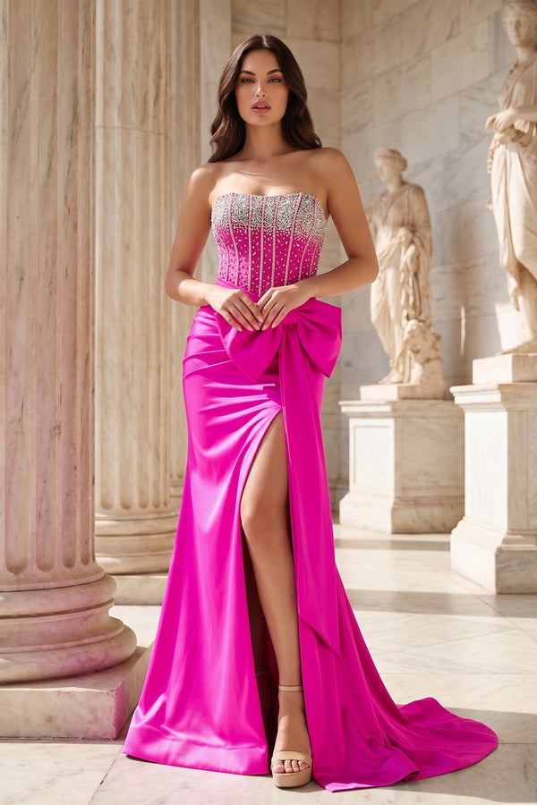 Split Strapless Mermaid Corset Prom Dresses with Side Bowknot - KissProm
