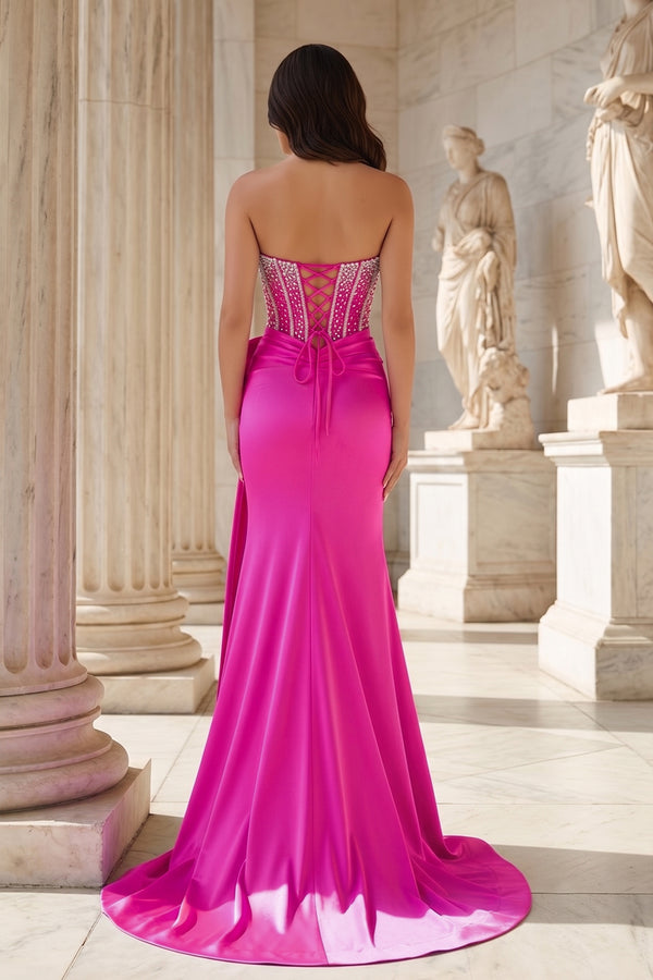 Split Strapless Mermaid Corset Prom Dresses with Side Bowknot - KissProm