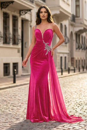 Black Rhinestone One Shoulder A Line Prom Dress with Slit - KissProm