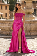 Off the Shoulder Satin Beaded Prom Dress With Appliques