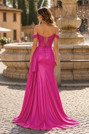 Off the Shoulder Satin Beaded Prom Dress With Appliques