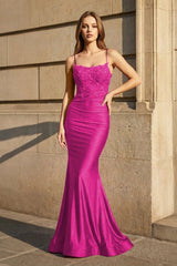 Fuchsia Mermaid Spaghetti Straps Long Party Dress with Appliques | KISSPROM