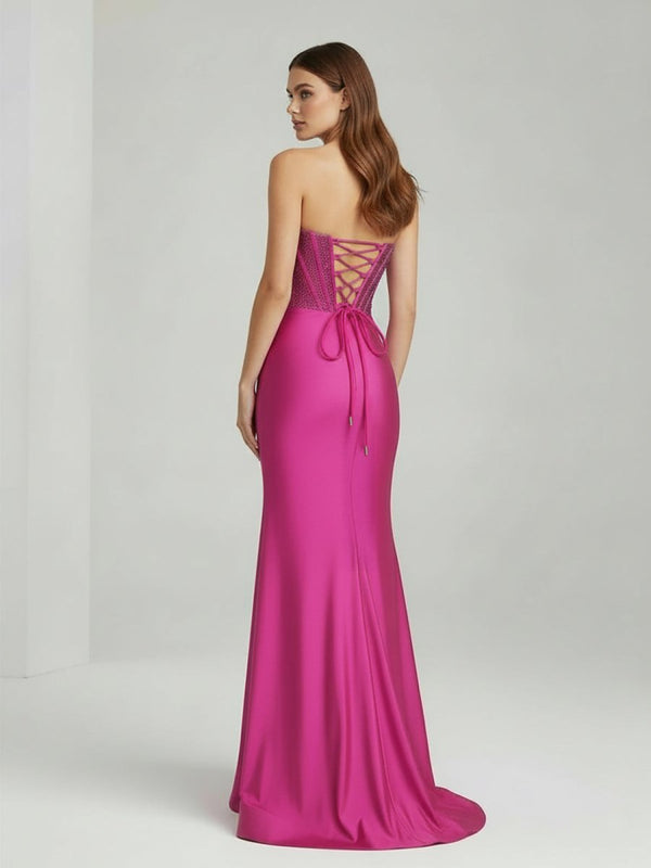 Fuchsia Mermaid Strapless Satin Long Party Dress With Beading (2) | KISSPROM