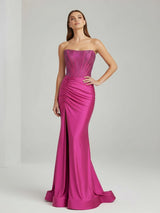 Fuchsia Mermaid Strapless Satin Long Party Dress With Beading | KISSPROM