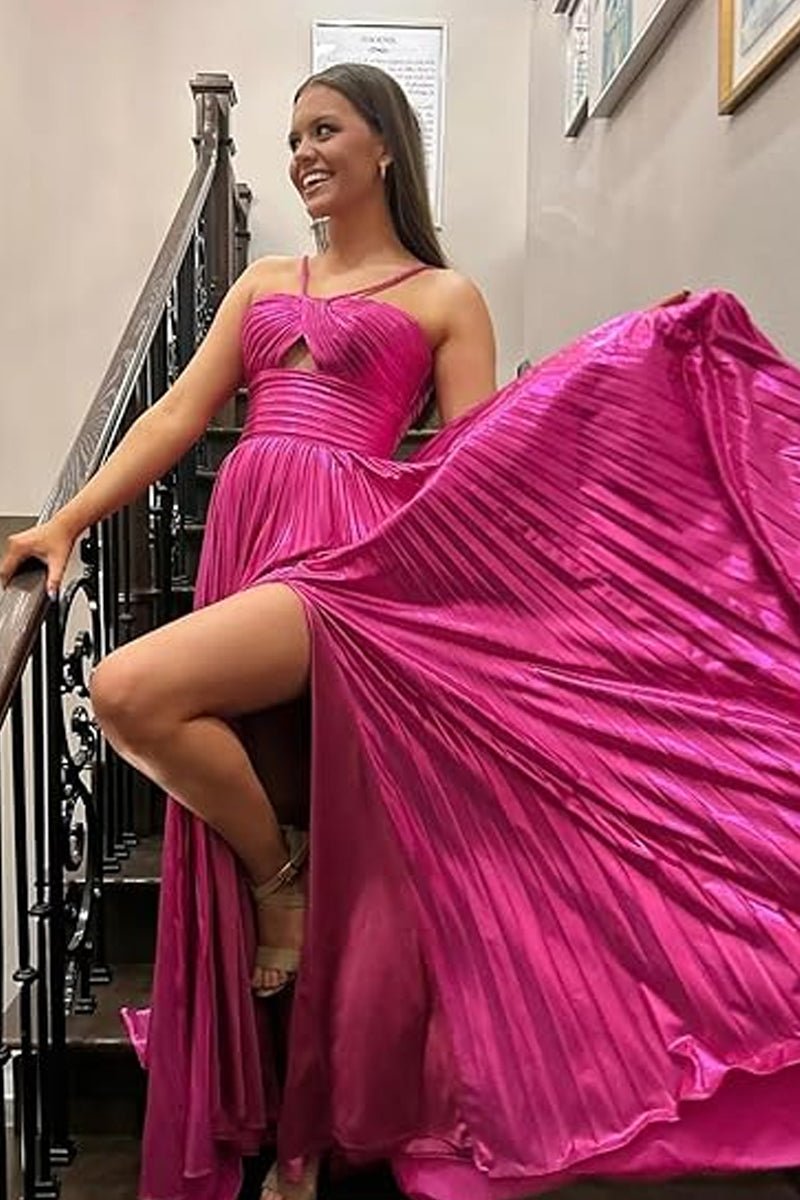 Metallic Keyhole Spaghetti Strap Long Prom Dress with Slit, Fuchsia / Custom Size