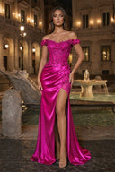 Fuchsia Off The Shoulder Mermaid Beaded Satin Long Party Dress With Appliques | KISSPROM
