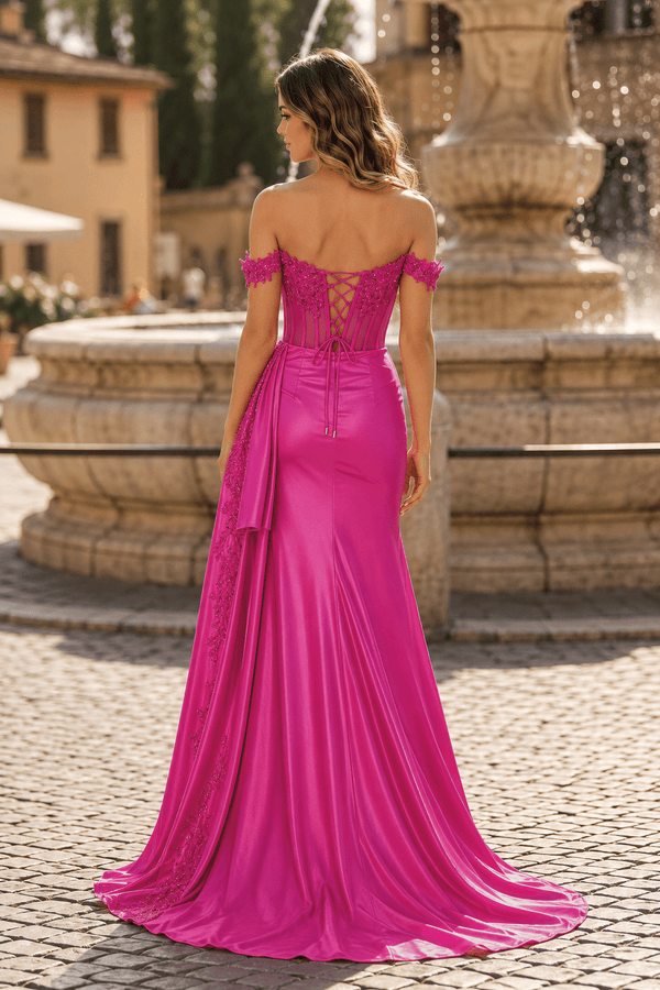 Fuchsia Off the Shoulder Satin Beaded Long Party Dress With Slit (2) | KISSPROM