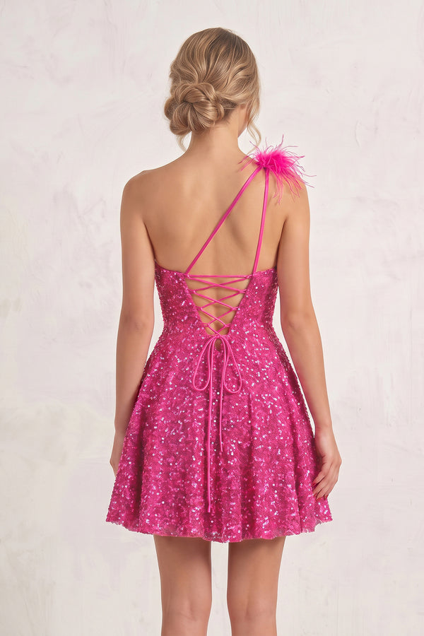 Fuchsia One Shoulder A Line Sequins Homecoming Dresses With Feathers (2) | KISSPROM