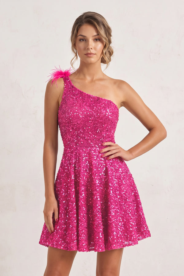 Fuchsia One Shoulder A Line Sequins Homecoming Dresses With Feathers | KISSPROM
