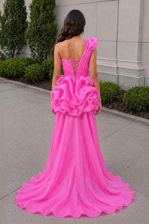 Fuchsia One Shoulder Organza High Low Homecoming Dress With Ruffles (2) | KISSPROM