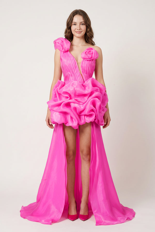 Fuchsia One Shoulder Organza High Low Homecoming Dress With Ruffles (4) | KISSPROM