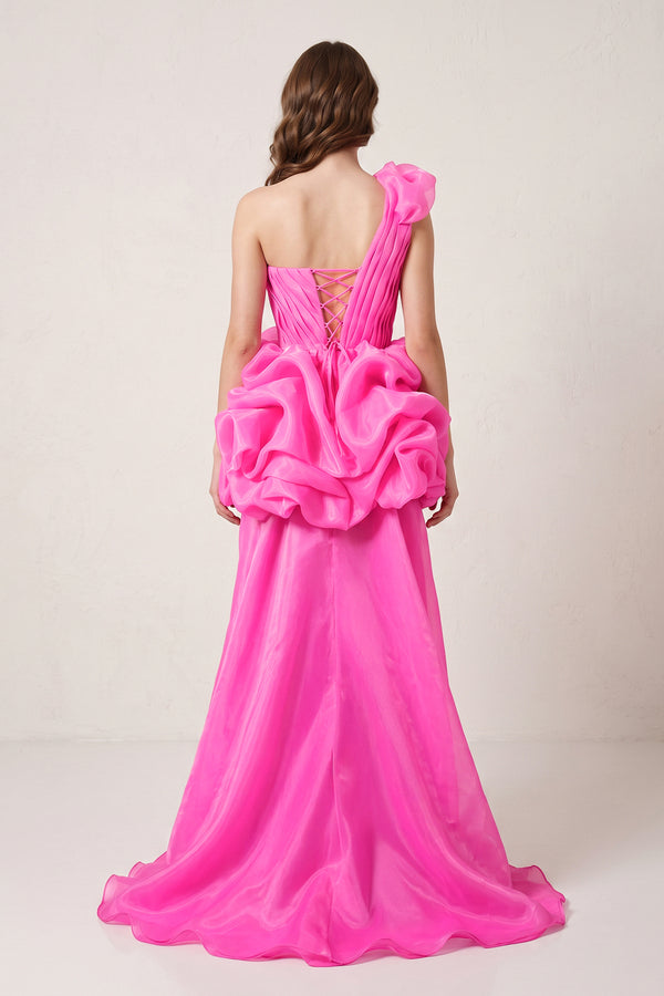 Fuchsia One Shoulder Organza High Low Homecoming Dress With Ruffles (5) | KISSPROM