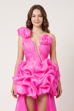 Fuchsia One Shoulder Organza High Low Homecoming Dress With Ruffles (6) | KISSPROM