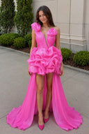 Fuchsia One Shoulder Organza High Low Homecoming Dress With Ruffles | KISSPROM