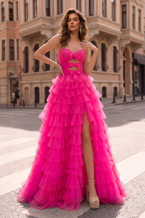 Polka Dot Strapless Ruffle Tiered Prom Gown with Keyholes – Prom Dress by KissProm | Available at KissProm