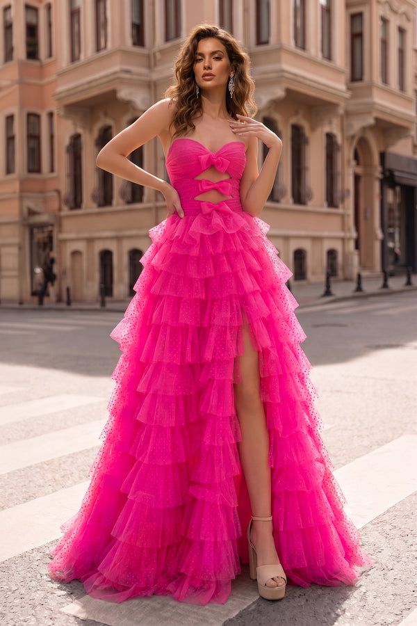 Polka Dot Strapless Ruffle Tiered Prom Gown with Keyholes – Prom Dress by KissProm | Available at KissProm