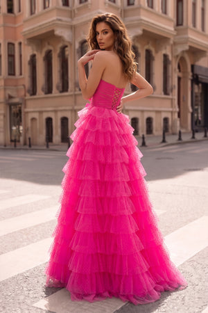 Polka Dot Strapless Ruffle Tiered Prom Gown with Keyholes – Prom Dress by KissProm | Available at KissProm