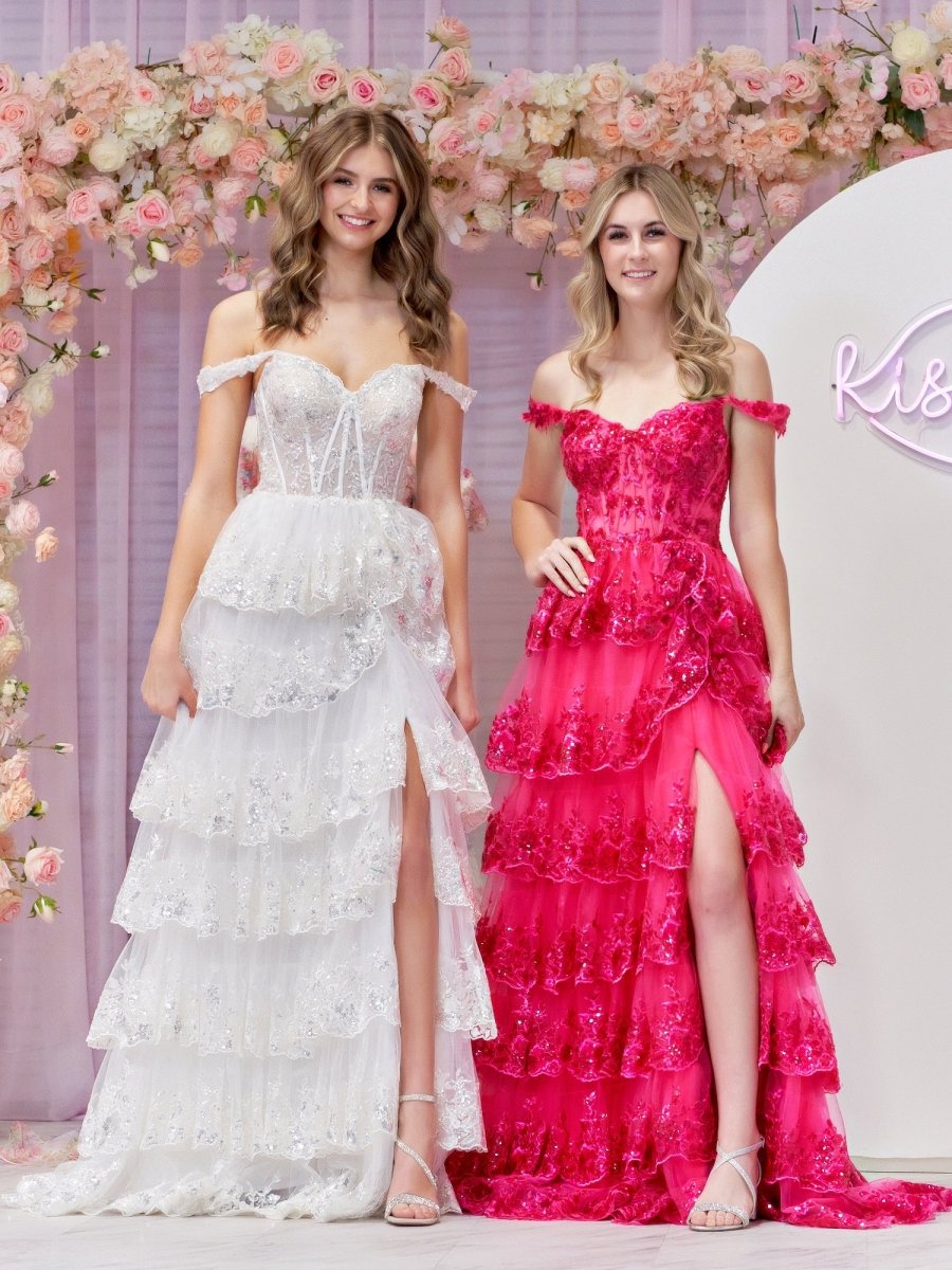 Fuchsia Princess A Line Off The Shoulder Corset Prom Dress with Lace Ruffles Fuchsia / 12