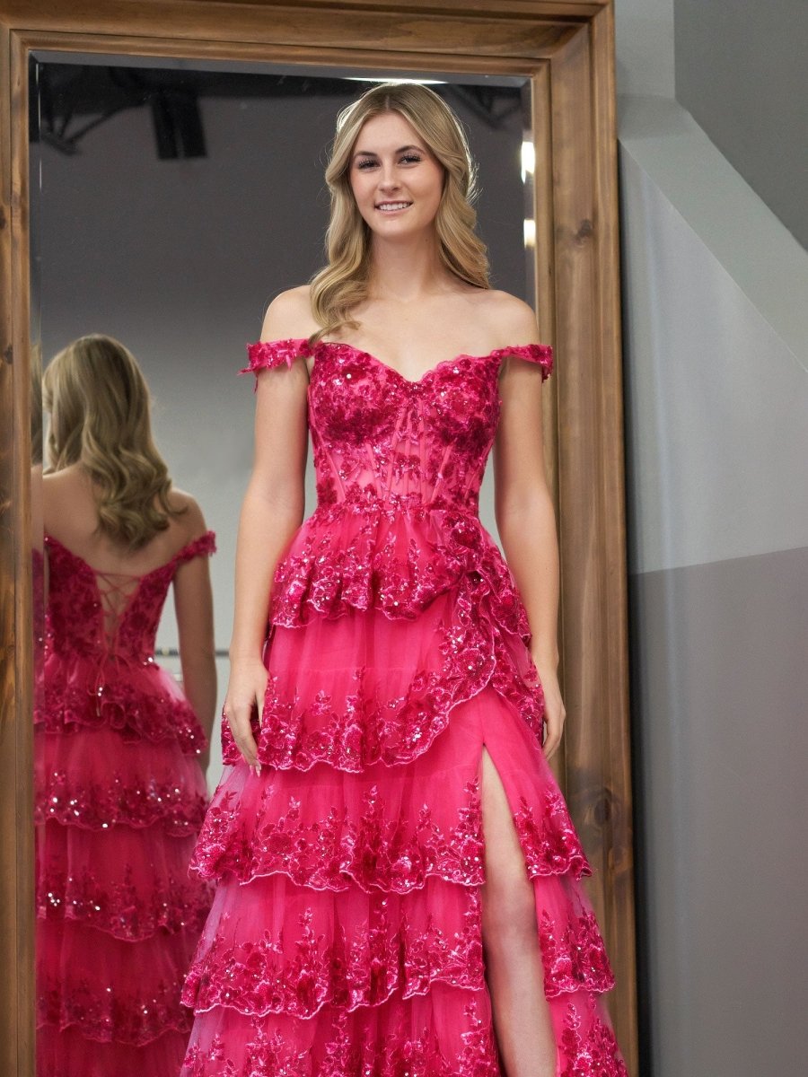 Fuchsia Princess A Line Off The Shoulder Corset Prom Dress with Lace Ruffles Fuchsia / 12