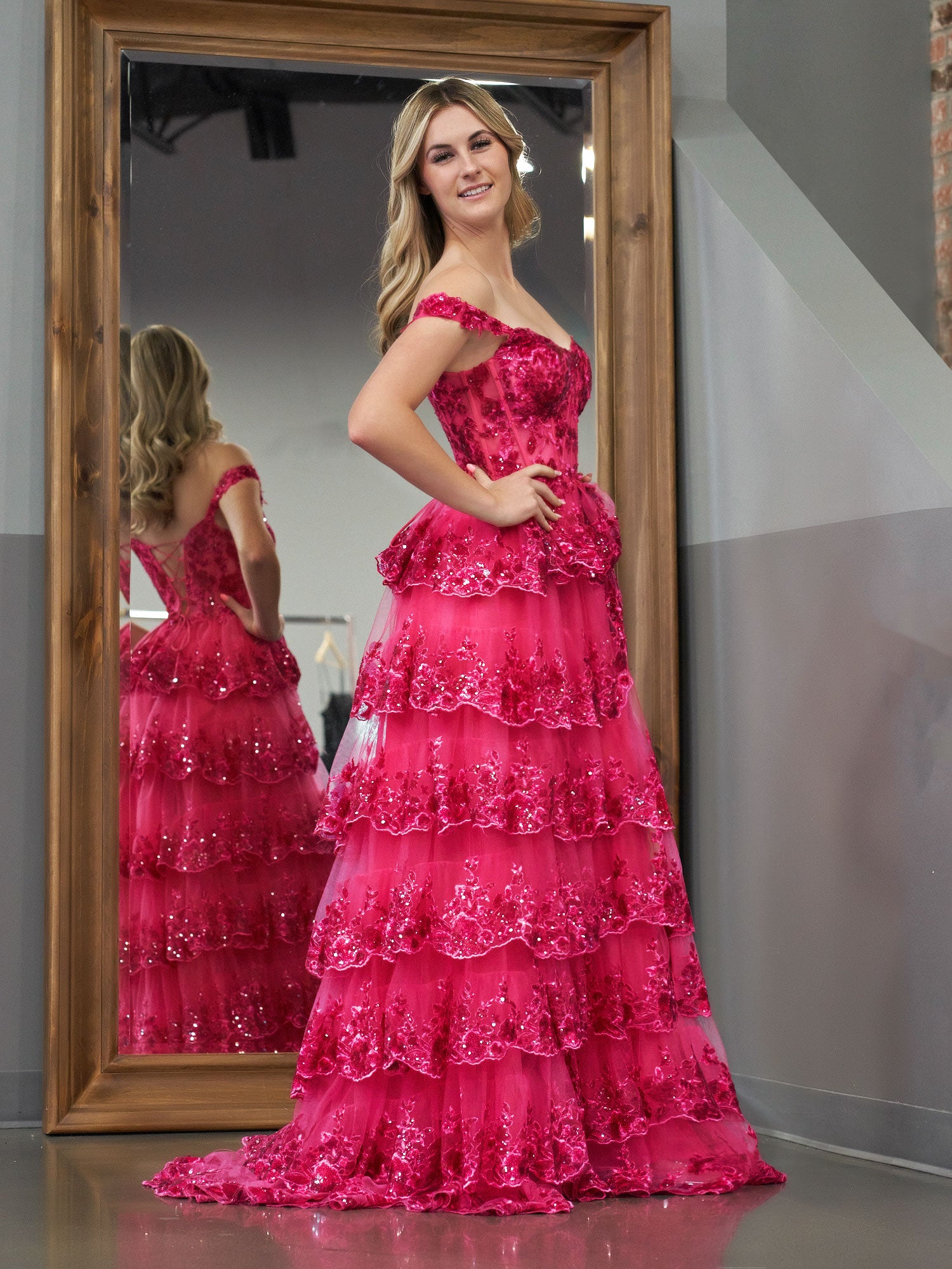 Fuchsia Princess A Line Off the Shoulder Corset Prom Dress with Lace Ruffles