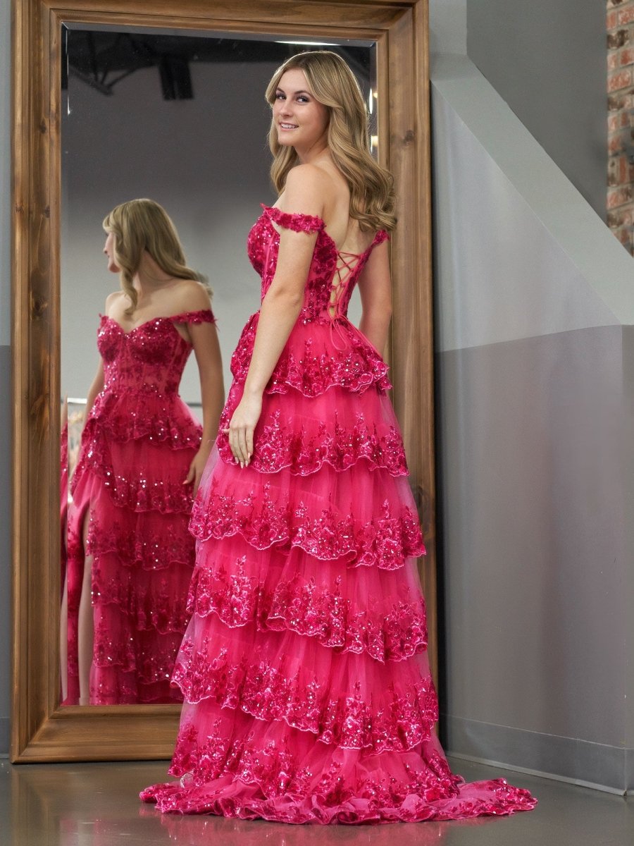Fuchsia A-Line Tiered Off the Shoulder Long Corset Prom Dress with Beading
