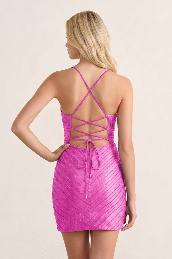 Fuchsia Satin Sheath V Neck Mini Party Dress With Beading (2) | KISSPROM