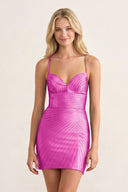 Fuchsia Satin Sheath V Neck Mini Party Dress With Beading | KISSPROM