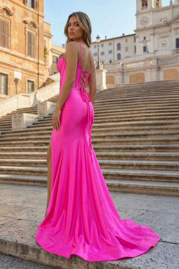 KissProm- Fuchsia Satin Simple Mermaid Prom Dress