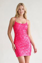 Fuchsia Scoop Neck Sequins Bodycon Mini Party Dress | KISSPROM