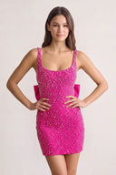 Fuchsia Scoop Neck Sheath Satin Beaded Homecoming Dress | KISSPROM