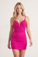 Fuchsia Sexy Fitted V-Neck Spaghetti Straps Fully Beaded Homecoming Dress | KISSPROM