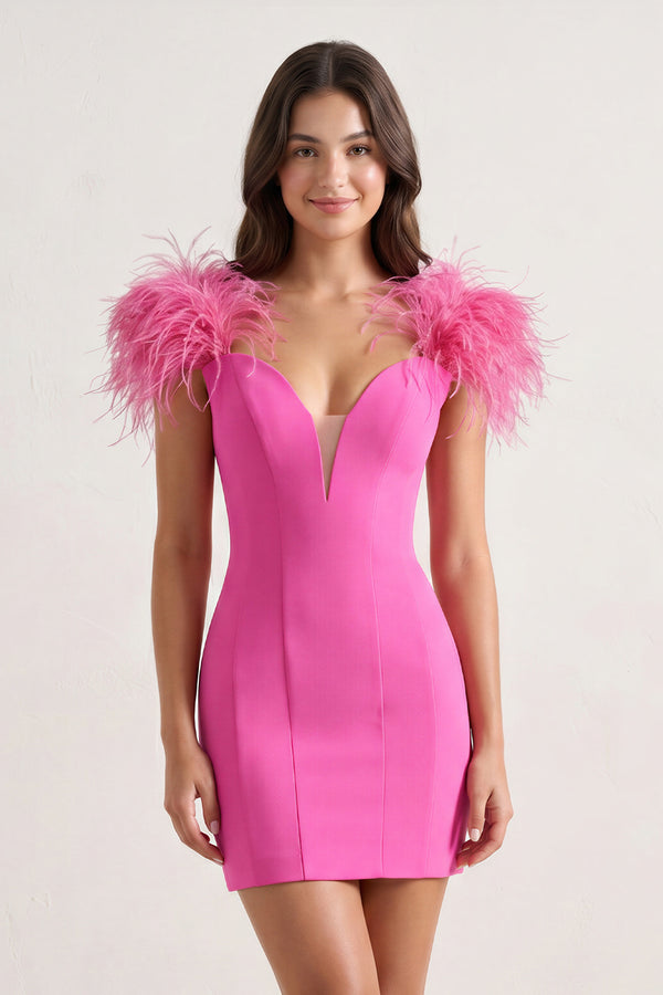 Fuchsia Sheath Off The Shoulder Satin Homecoming Dress - KISSPROM