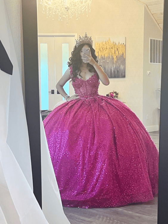 Vestidos De 15 Fucsia Cortos Fuchsia Princess Quinceanera Dresses Sheer  Neck Lace Up Corset 3D Floral