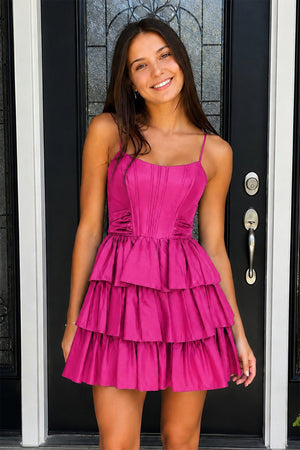 Fuchsia Spaghetti Straps Satin A-Line Ruffled Short Corset Homecoming Dress with Bow | KISSPROM