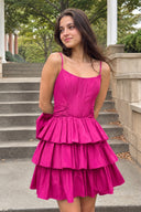 Fuchsia Spaghetti Straps Satin A-Line Ruffled Short Corset Homecoming Dress with Bow | KISSPROM