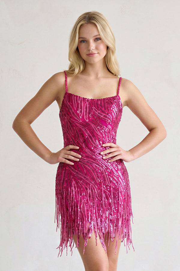 KissProm Sparkly Sheath Spaghetti Straps Gold Mini Party Dresses with Tassel, Fuchsia / 6