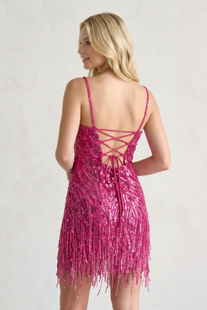 Fuchsia Sparkly Sheath Spaghetti Straps Gold Mini Party Dresses with Tassel-KISSPROM