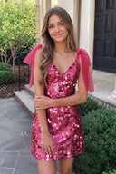 Fuchsia Sparkly V-Neck A-Line Sequin Homecoming Dress | KISSPROM