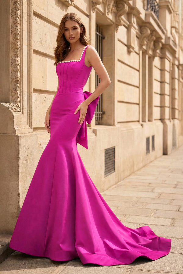 KissProm-Fuchsia Square Neck Mermaid Satin Long Prom Dresses With Pearls